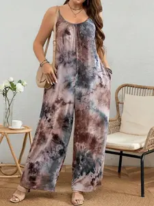 2026 New Model Plus Size Tie Dye Print Pocket Backless Cami Fitted Jumpsuit, Bohemian Casual Sleeveless Spaghetti Strap Jumpsuit for Beach Vacation Holiday, Women's Plus Fashion Clothing for Summer, Casual Comfy Jumpsuit