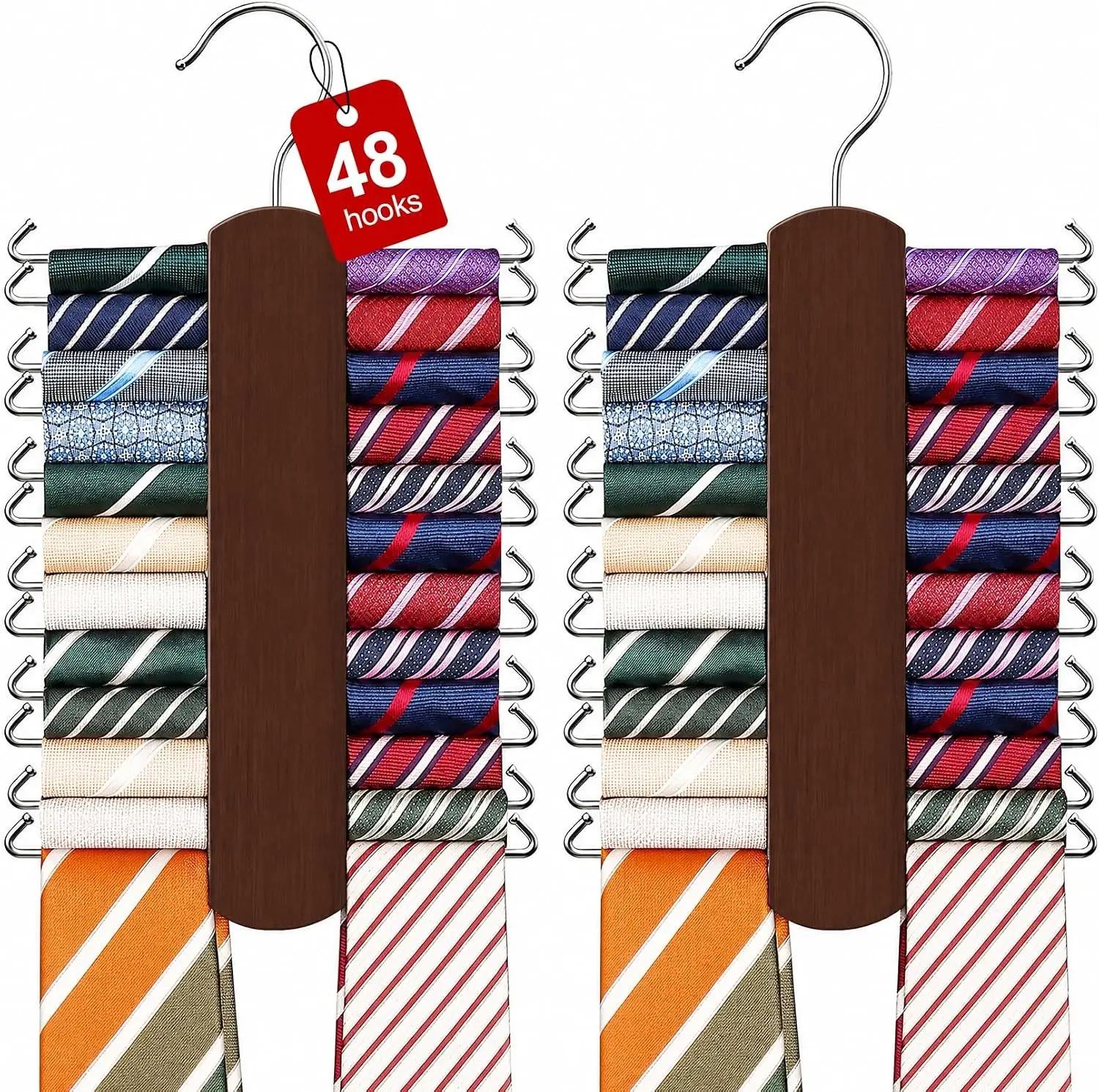 Tie Rack with 48 Hooks, Large Capacity Tie Hanger for Closet Organizer | 2 Pack Premium Wooden Tie Holder Closet Organizers and Storage, Space Saving Hangers Necktie Organizer Tie Hangers for Men