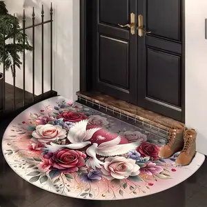 Floral Welcome Mat for Farmhouse Decor, Half Round Door Mat with Pigeon and Rose Design, Velvet Material, Indoor Outdoor Use