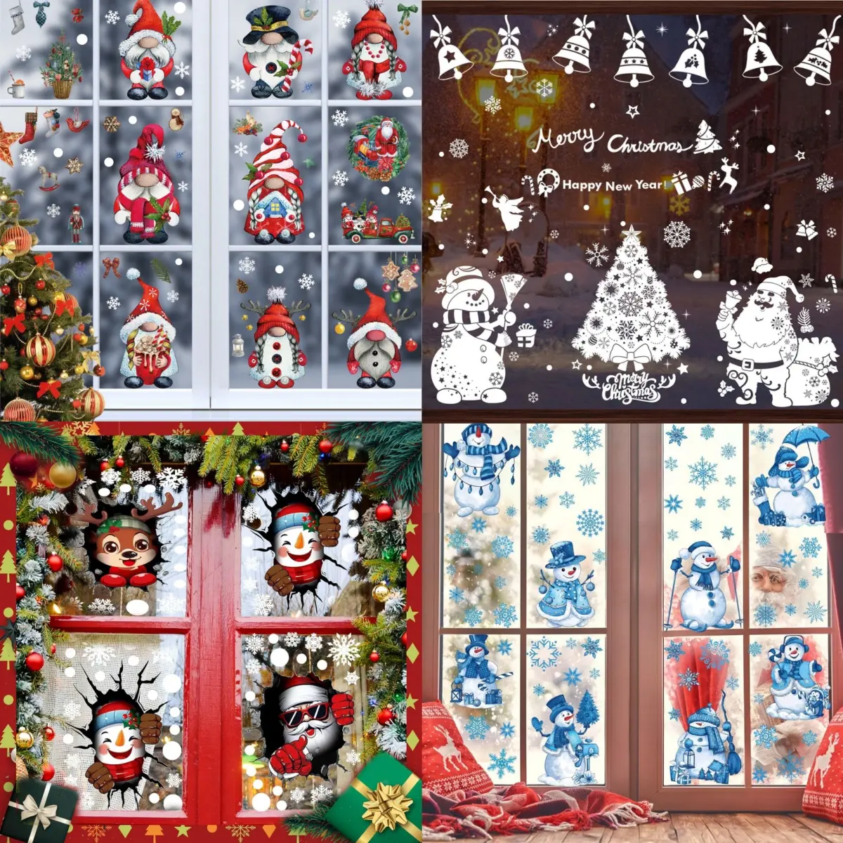Bright PVC Vinyl Christmas Winter Window Stickers - Smooth, Durable Classic Santa Claus Clings with 4-Type Christmas Bouquets, Vivid Shapes for Home Glass Mirror Decor