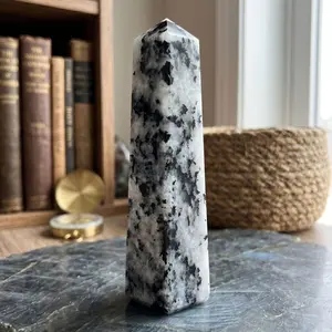 Rainbow Moonstone Crystal Tower Point with Black Tourmaline Inclusions, Healing Crystal Wand for Energy, Meditation & Home Decor - RPO507