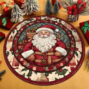 Christmas Theme Round Retro Santa Pattern Carpet Mat, Large Area Rug for Living Room Bedroom, Washable Non-Slip Plush Rug