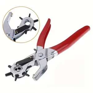 Heavy-Duty Manual Leather Hole Punch Tool - with 6 Hole Sizes , Non-Slip Grip - for Belts, Watchbands, Shoes, Leather Crafting - Professional & Home Use - No Electricity Needed - Red Punch Pliers, Shoe Repair, Compact Design, Sturdy Build, DIY Hobbyists