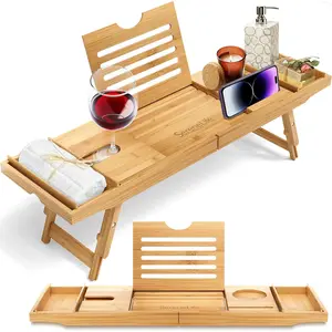 Serenelife Bath Caddy Breakfast Tray Combo - Natural Bamboo Wood Waterproof Tub and Bed with Folding Slide-Out Arms, Device Grooves, Wine Glass Soap Holder SereneLife