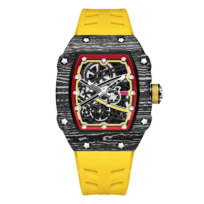 Fashion Skeleton Quartz Watch for Men, Carbon Fiber Design, Red Silicone Band, Perfect for Daily & Sports