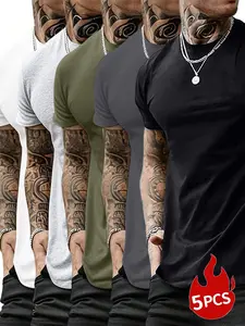 5-Piece Set of New Summer Men's  Cotton Short-Sleeve T-Shirts Solid Color Smooth Finish Casual Outdoor Sports Fitness Running Travel Vacation Men's Outerwear for Camping