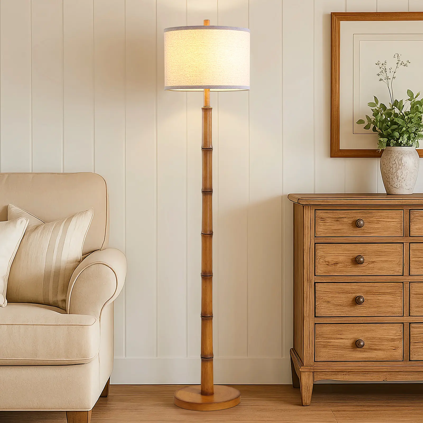 62" Sculptural Bamboo-Style Floor Lamp with Ivory Linen Shade & Rotary Switch