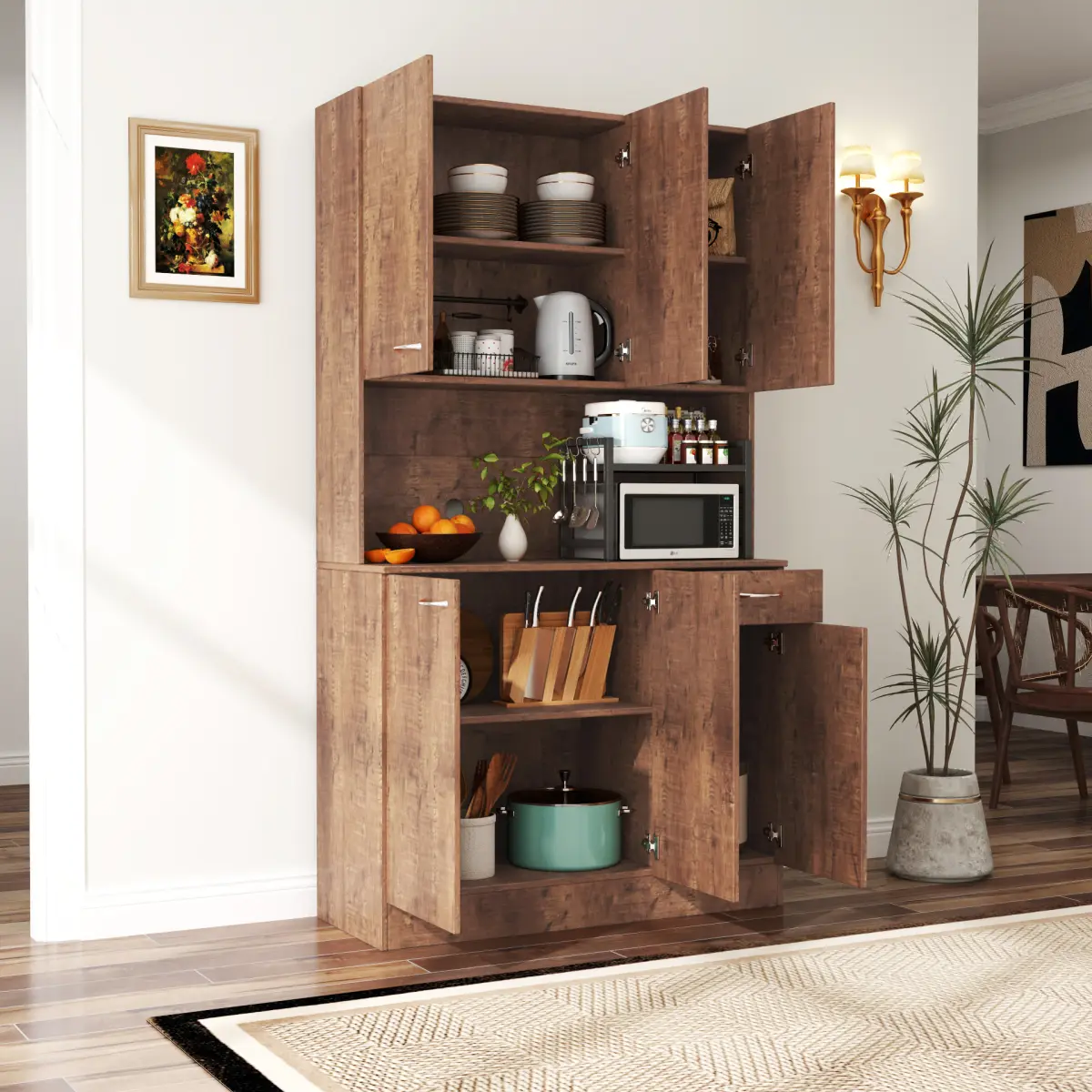 Sturdy Rectangular 6-Door Walnut Closet Storage Wardrobe - 39.37in W x 15.35in D x 70.87in H, 1 Open Shelf, 1 Drawer, 116.80lbs, Space-Saving Single Unit, Easy Cleaning, Assembly Required (Includes Hardware) for Bedroom