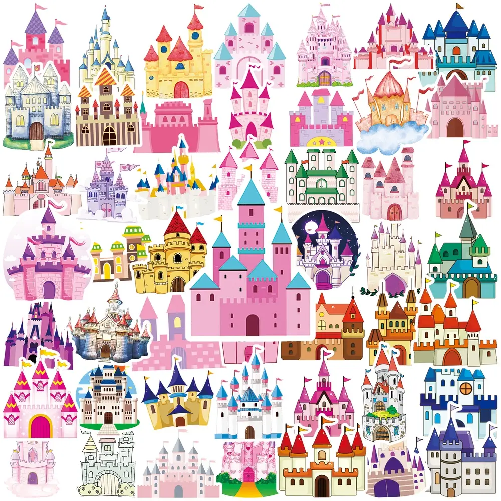 50Pcs Cute Princess Castle Vinyl Stickers, Fairy Tale Fantasy Decals, Waterproof Cartoon Sticker Pack for Car Window Dashboard, Motorcycle Helmet, Laptop, Water Bottle, Skateboard, Luggage, Phone Case, Kids Girls Decor Lovely StickerGift forTeens Children
