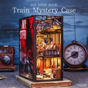 EcoCrafty DIY Train Mystery Case Book Nook Kit with Dust Cover Unfinished Wood Blocks Set Miniature House Bookshelf Insert Bookend Stand Creativity Model Build Decor Alley with LED Light