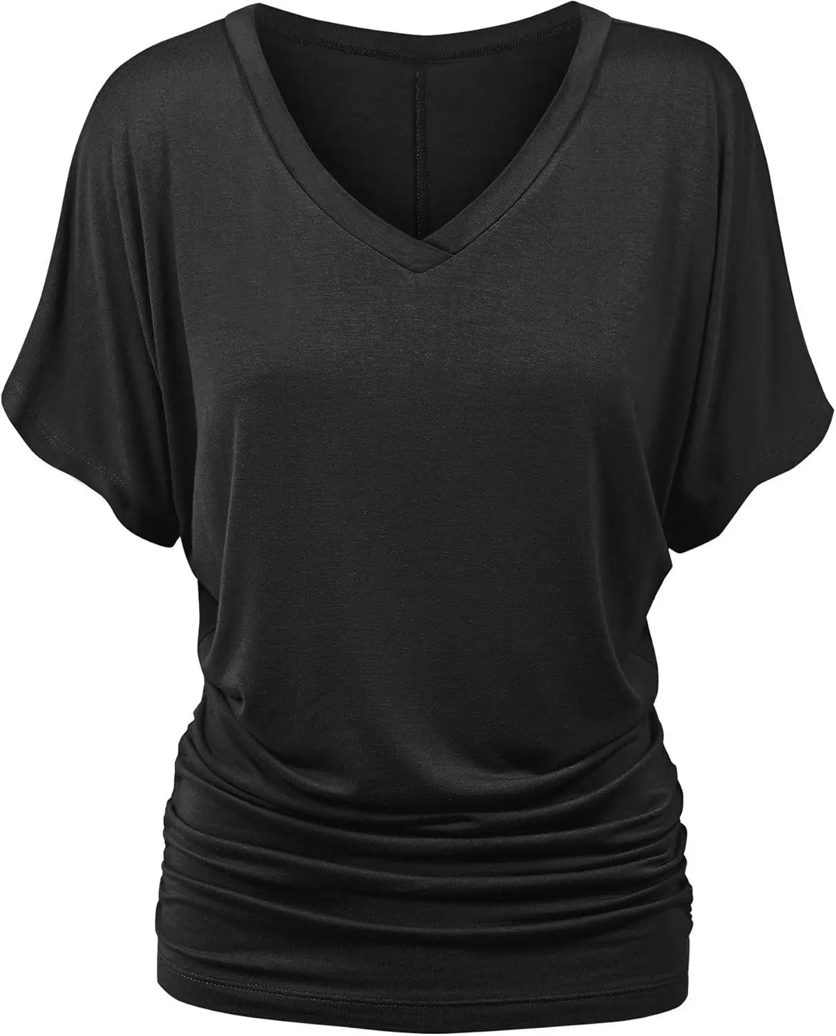 Women's Short-Sleeve Plain T-Shirt - Boat Neck/V Neck, Dolman Sleeves, Stretchy Soft Breathable Lightweight Fabric, Side Shirring, Elegance Body Skimming Casual Style for Everyday Comfort, Shortsleeve, Tshirt, Stretch Rayon, Loose Fit