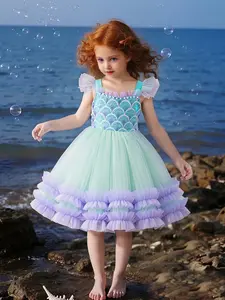 Girls Mermaid Dress, Ruffled Lace Collar and Pearls, Elegant Sequin Princess Gown with Flared Sleeves, Perfect for Little Girls Birthday Parties and Weddings