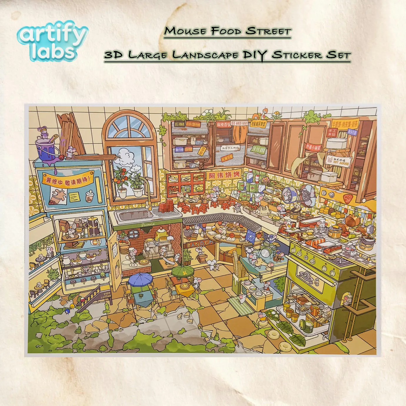 Mouse Food Street Limited Edition 3D Large Landscape DIY Sticker Set – Cozy Miniature Food Market World PET Stickers for Desk Decor & Aesthetic Room Decoration