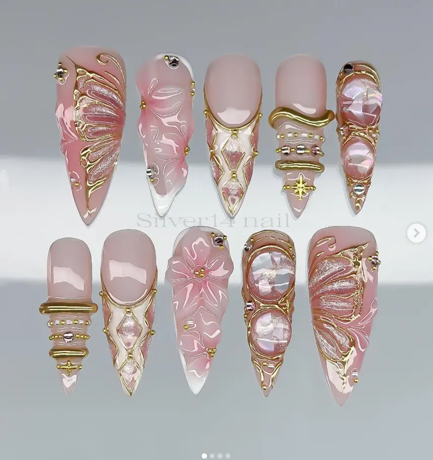 Pink Gold Butterfly Press On Nails, Long Stiletto 3D Floral Gem Nails, Luxury Pink Coquette Handmade Nail Set, Gift for Her