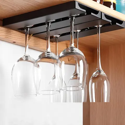 2-Pc Rust-Resistant Acrylonitrile Plastic Stemware Rack Set, Stylish Bar-Ready Punch-Free Under-Cabinet Hang Installation Organizer for Home Bar, Kitchen Storage Holders