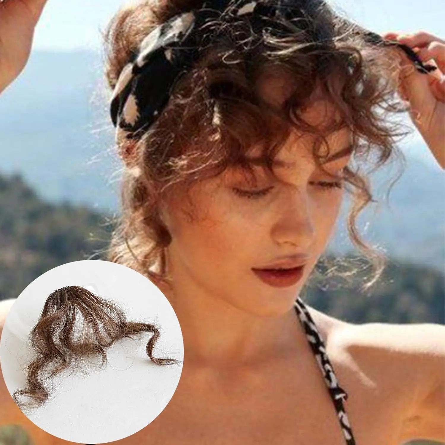 Curly Bangs Clip in Hair Extension, Synthetic Hair French Bangs Clip on Wispy Bangs Natural Curly Air Bangs Fake Fringe Bangs Hair Piece for Women(Light Brown)