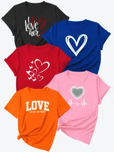 Women's Letter Heart Print Short Sleeve T-Shirt Set, Blue, High-Quality Sportswear, Athletic Sports Clothing, Athletic Fashion Activewear, Casual Fitted Tops, 5 Pieces, Activewear T Shirt