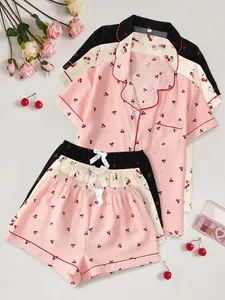 Elegant Women's Pajama Set, Cherry Print Casual Short Sleeve Button Front Pockets Cardigan and Elastic Waist Shorts 6 Piece Set, Comfortable Loungewear and Homewear