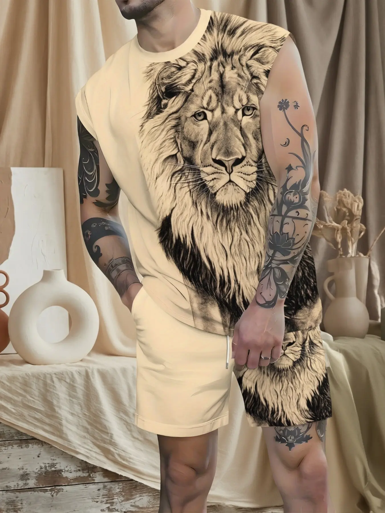Men's Summer Casual Set: Shorts and Sleeveless Vest Two-Piece Set, Lightweight, Breathable, and Comfortable, 3D Printed Home Wear, Lion Print Set, Shorts Set Outfit