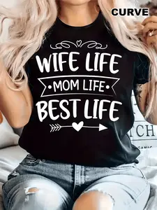 Plus Size - Plus Size Women'S Casual T-Shirt with "Wife Life, Mom Life, Best Life" Print - Round Neck, Short Sleeves, Slightly Elastic Fabric, Comfortable Top for All Seasons, Everyday Tshirt | Playful Print Top | Comfortable Fit