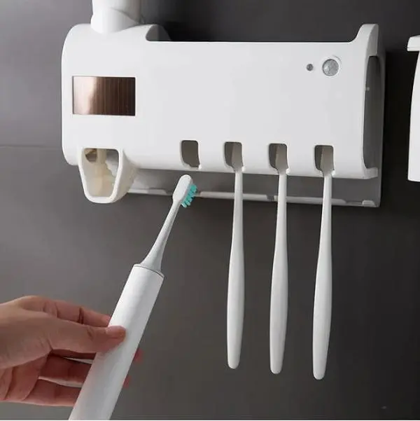 Wall Mount UV Toothbrush Sterilizer, Solar Toothbrush Sterilizer with SMART Toothpaste Dispenser, Waterproof Modern Oral Care