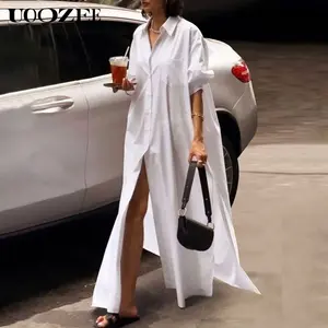 UOOZEE Women's White 100% Cotton Sheer Detail Long Sleeve Loose Buttoned Solid Color Split-Side Lapel Maxi Shirt Dress Machine Washable Casual Summer Fabric