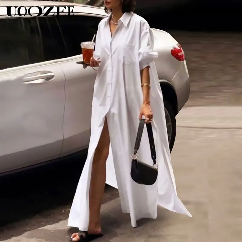 UOOZEE Women's 100% Soft Light Cotton Simple Comfortable Fabric Solid White Maxi Shirt Dress - Long Sleeve, Button Front, Split-Side Lapel, Loose Fit, Modern Minimalist Modest Casual Dress with Included Camisole