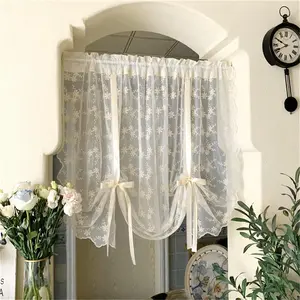 Bowknot Tie Up Kitchen Curtain Floral Balloon Lace Sheer Curtain Tiers for Small Cafe Windows Rod Pocket Light Filtering Ruffled Voile Window Valance for Wedding 1 Panel W55 x L39 Inch