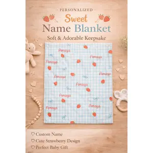 Personalized baby name Strawberry Name Velveteen bow Plush Blanket | Blue Gingham Baby Throw, baby shower, baby gift, toddler gift
