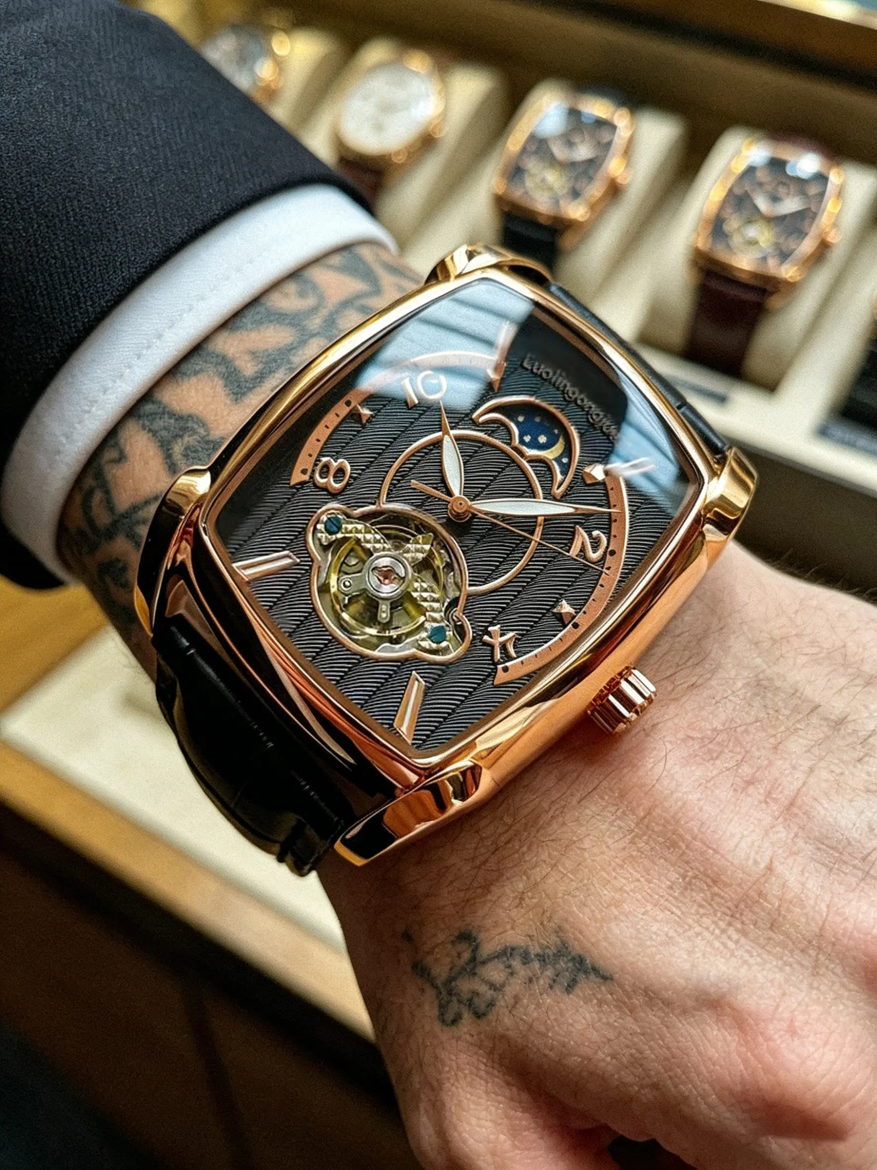 Luxury Business Mechanical Watch, Barrel Shape Openworked Tourbillon & Moon Phase, Barrel Shaped Dial, Leather Strap, Durable, Elegant, Gift Box Included, Mechanical Wristwatches