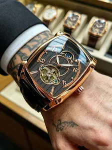 Luxury Business Mechanical Watch, Barrel Shape Openworked Tourbillon & Moon Phase, Barrel Shaped Dial, Leather Strap, Durable, Elegant, Gift Box Included