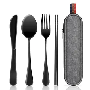 Stainless Steel Reusable Portable Cutlery Set, Cutlery Utensil Sets, Food Grade Safe Durable, Easy Storage, Ideal for Camping Travel Office Meals, Camping Kitchenware
