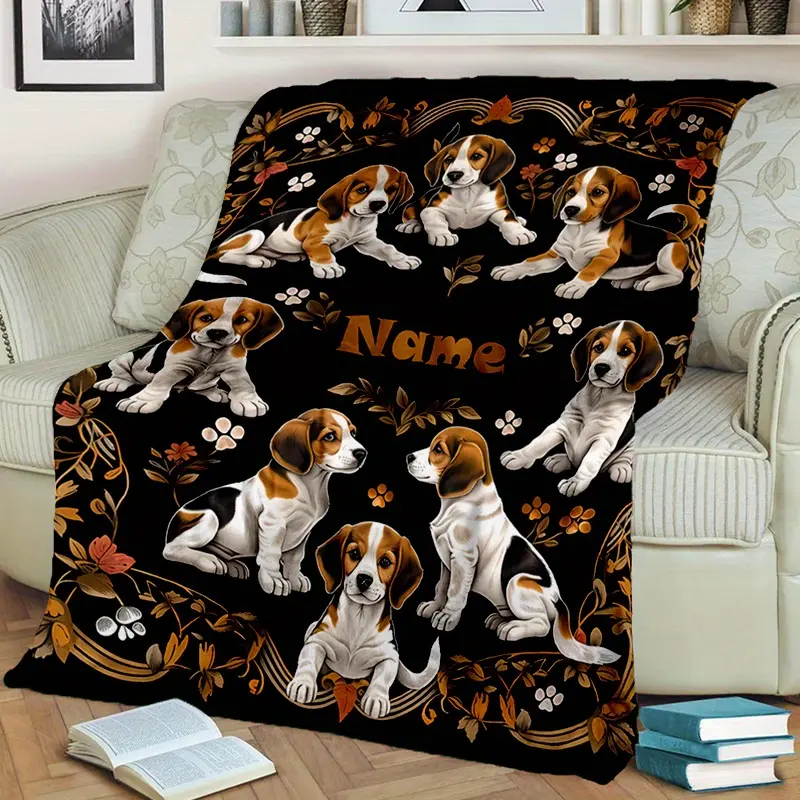 Customized Beagle Dog Blanket with Personalized Name - Vintage Animal Themed Flannel Throw, Polyester Digital Print, All-Seasons Woven Wrap, Home & Camping Use, Festive Occasion Unique Gift