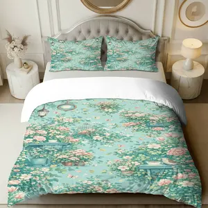3PCS Duvet Cover Set, 1 Duvet+2 Pillowcases(Without filler), Floral Garden Vintage Romantic Spring theme, Easter bedding set, Floral Pattern Suitable for decoration Bedroom, Guest Room, Hotel, Cottage.