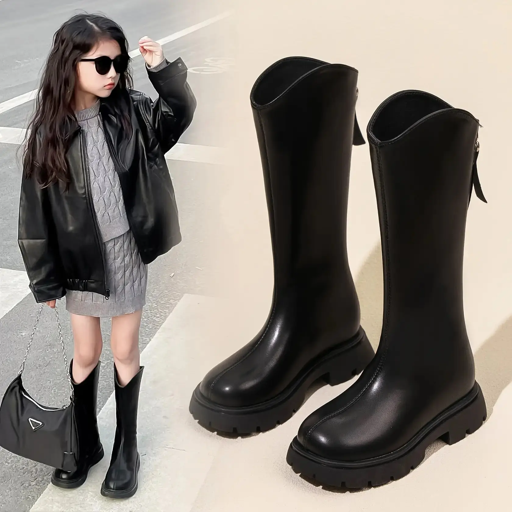 Girls' All-Seasons Mid-Calf Boots in Solid Artificial Leather, Casual Retro-Modern Style with Side Zipper, Elastic Panels, and Flat Heel, Fabric, Synthetic, Flat Heel (1 Cm Or Less), Tpu, Rubber, Pu Leather, Low Heel