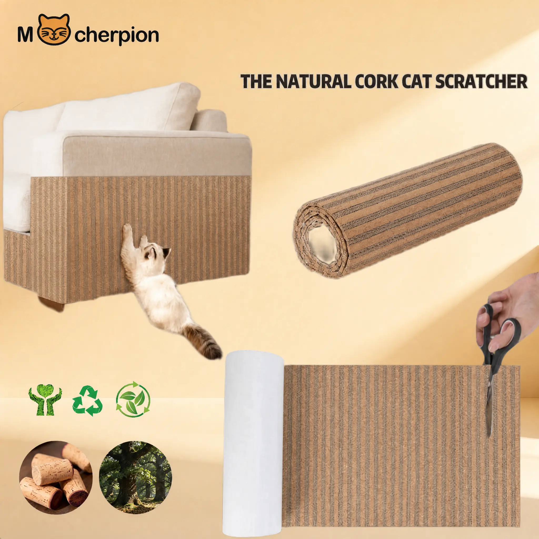 Mocherpion  Natural Cork Cat Scratcher Mat & Board, Super Sticky Eco-Friendly 3M Adhesive, Freely Trimmable, Claw-Friendly Safe & Healthy, Perfect Protector for Walls, Sofas, Floors, Furniture and Cat Toys