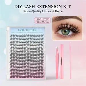 Natural Lash Extension Kit 168Pcs Wispy EyelashExtensions Kit Individual Lashes Extensions withLash Bond & Seal & Tweezers for Beginners cluster applicator makeup cosmetic cosmetic Gentle eyelashes & adhesives 0.05mm cluster