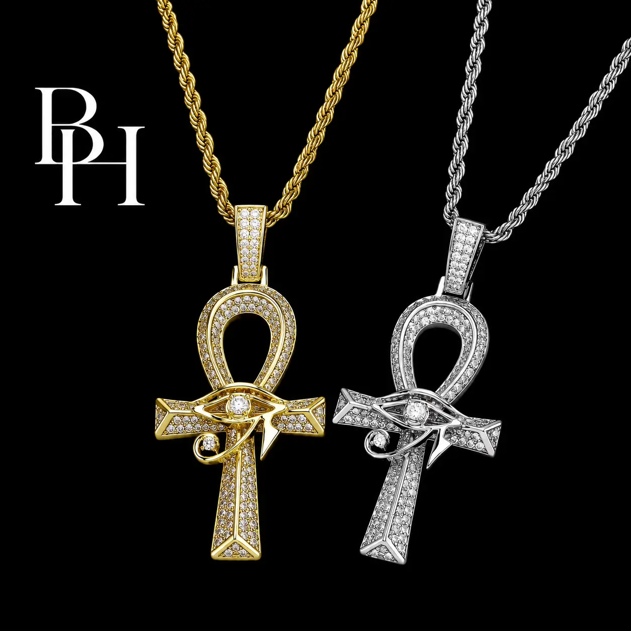 BH Eye of Horus Ankh Cross Pendant, Unisex Costume Jewelry Necklace for Daily Wear, Alloy Chain