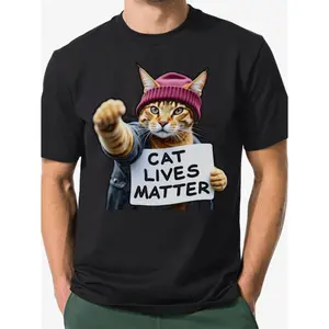 Men's Vintage Cat Graphic T-Shirt - Distressed Print Crew Neck Short Sleeve, Heavy-Duty Stitching, Breathable & Shrink-Resistant, Casual Outdoor & Casual Attire for Cat Lovers (Machine Washable)