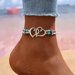 3Pcs Set Fashion Women Bohemia Beaded Heart Charms Multi-layer Anklet, Exquisite Boho Chic Double-Layer Beaded Heart Anklet, Perfect for Summer Vacation, Beach Wedding, Party Jewelry Gift