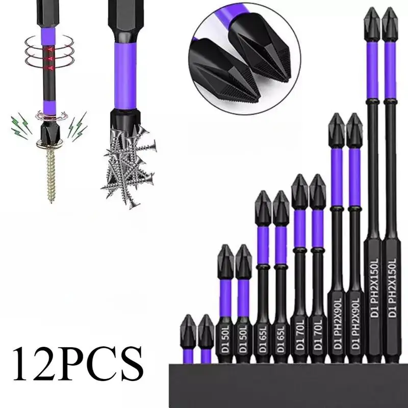 Magnetic Impact Screwdriver Bit Set, 12pcs/set Anti-slip Power Tool Accessories for Home Decoration & Electrical Installation Repair, Screwdriver Bit