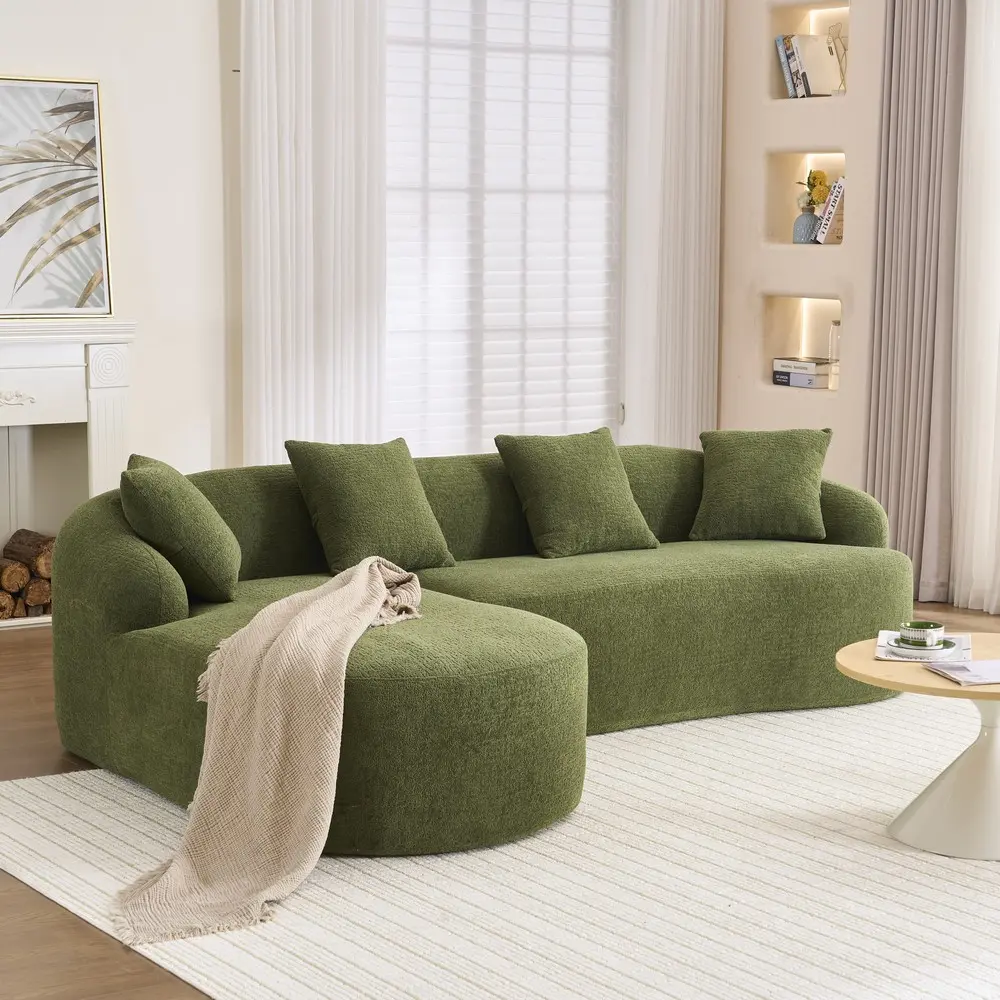 Mikibama 98.8' L-Shape Family Sectional Sofa with Chaise, Modern Luxury Chenille 4-Seater Overstuffed Extra-Wide Seat Curved Cloud Couch, Fixed Arms, Compressed Foam, Pocket Spring System, 4 Throw Pillows, Durable, Fully Assembled