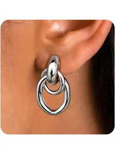 14K Gold Plated Clip On Earrings for Women - Geometric Statement Non Pierced Earring Chunky Knot Link Colorful Dangle Clip Earrings Trendy Jewelry Gift