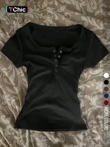 Women's Casual Basic Solid Color Square Neck Button Front Short Sleeve Everyday Top T-Shirt, Slim Fit Weight Loss Design, Perfect for Daily Wear