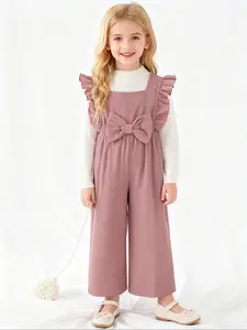 Cute Girls' Corduroy Wide Leg Pants, Sweet Ruffle Hem, Butterfly Sleeve Suspenders, Fall & Winter Fashion, Ages 2-6 Years, Clothes Kids