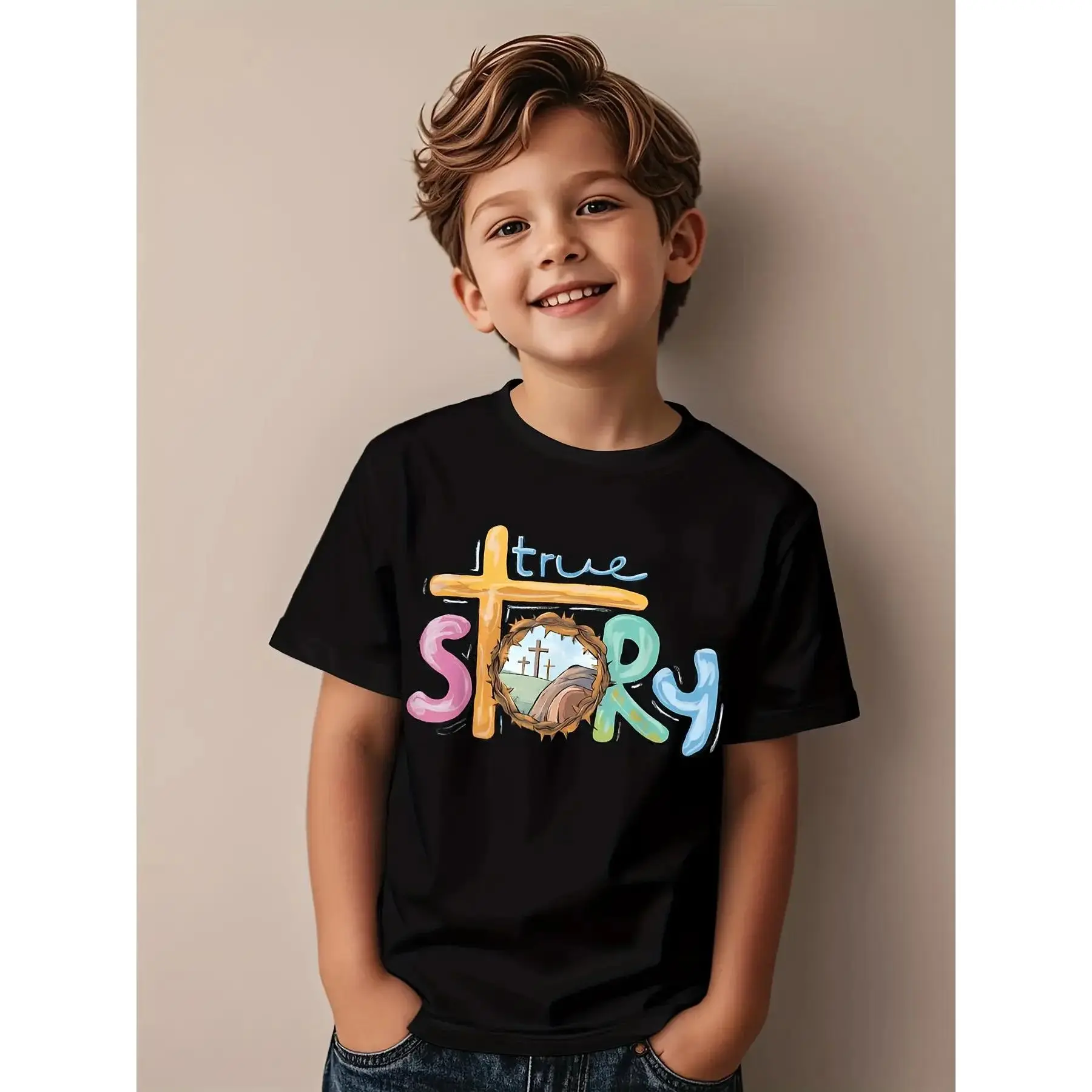 Kids' Regular Short Sleeve Polyester T-Shirt - Faith-Based Christian True Story Cross Print, Breathable Knit Fabric, Slight Stretch, Round Neck, Easter Church & Summer Casual Wear (5-6y,7-8y,9-10y)