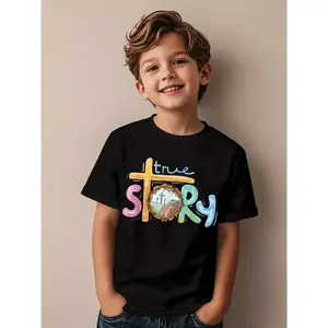 Christian True Story T-Shirt | Boys and Girls Church Clothing with Cross and Scripture Design, Easter Sunday Outfit, Breathable Short Sleeve Round Neck T-Shirt, Suitable for Kids, Faith-Based Casual Tops for Summer.