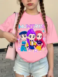 Girls' Round Neck Short Sleeve T-Shirt, K-Pop Cartoon Pattern, Fitted Polyester Knit Fabric, Soft Comfortable, Summer Outdoor Activities, Cute Cartoon Clothes