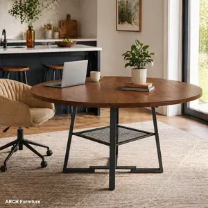 47-Inch Round Industrial Extendable Dining Table - Walnut Finish, Steel Frame, MDF Top, Wire Grid Shelves, 4-8 Seats, Multi-Functional for Kitchen & Living Room, Wire Shelves, 47 Inch Table, Metal-Framed Dining Tables, Compact Dining Tables
