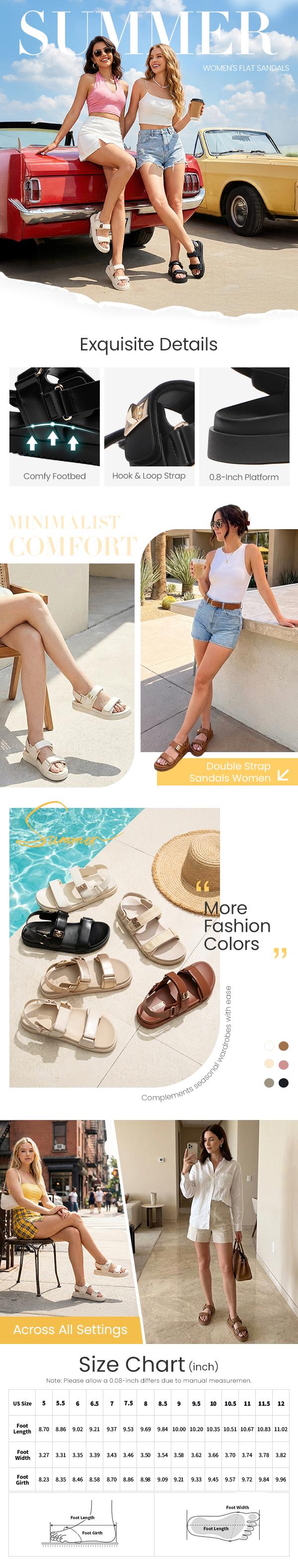 Women's Flat Sandals Comfort Adjustable Double Strap Slip on Leather Footbed Sandals Outdoorfun Footwear Soft Material Gold Tone Hardware Non Slip Outsole - Summervibes